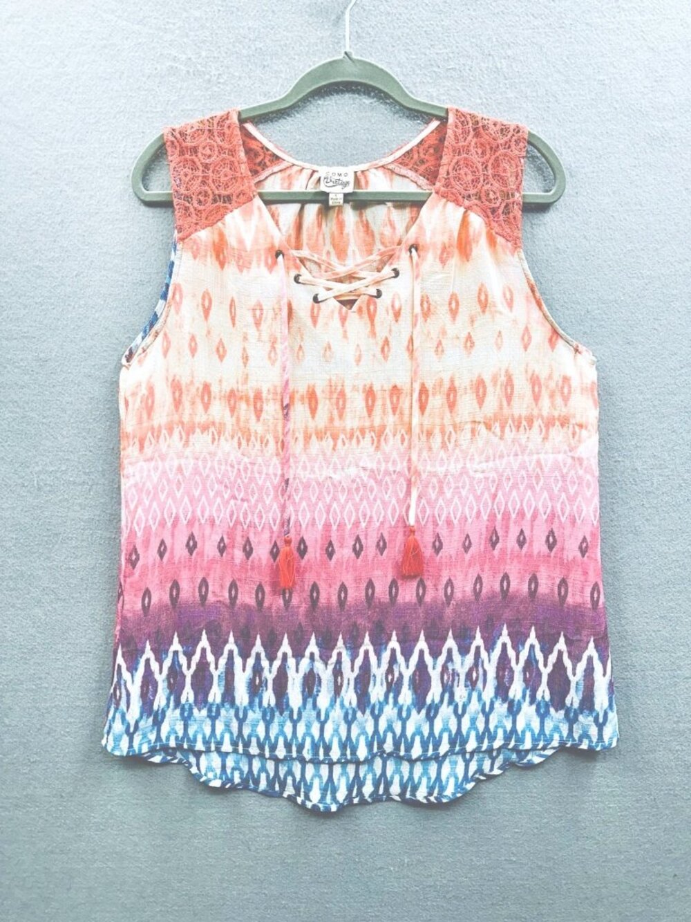 Como Vintage Lace Shoulder Top L Tie Front Top Tie Dye Print Purple Pink Coral